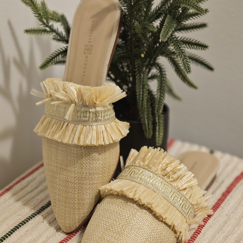 Michelle McDowell Carmen Mules – Natural Tan Raffia with Gold Accents, Size 8